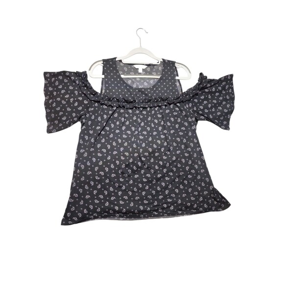 Lauren Conrad Women’s Blouse XL Black White Print Cold Shoulder Top - Picture 1 of 6